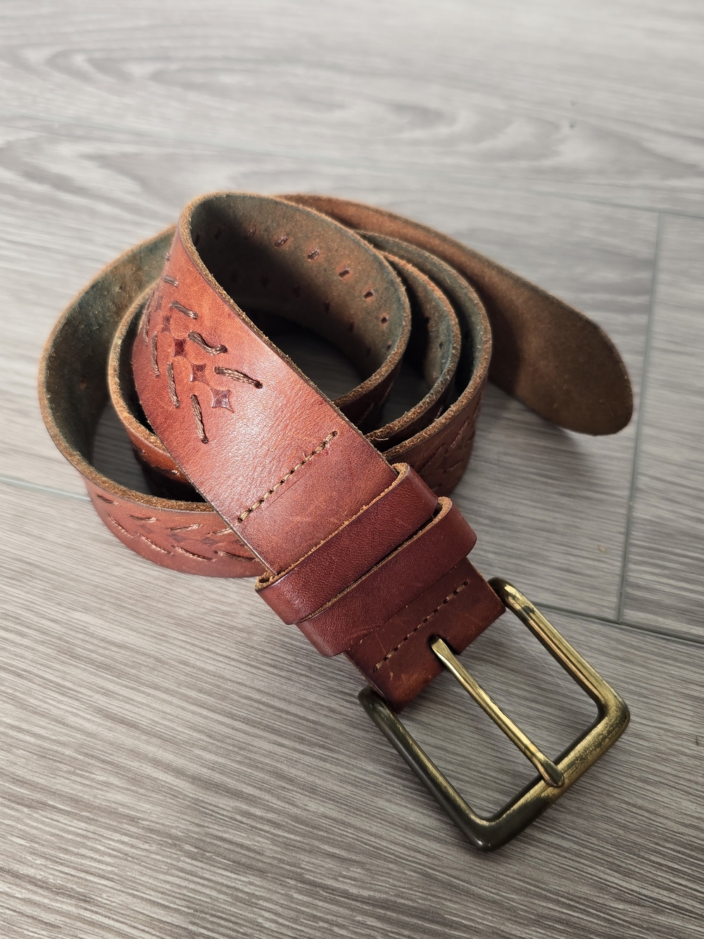 Lucky Brand Mens Leather Belt Brown Whipstitch Brass Buckle Size 38 Western